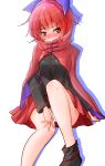  1girl bangs cape commentary_request hand_on_own_knee highres long_sleeves oshiaki panties pantyshot pantyshot_(sitting) pleated_skirt red_eyes red_skirt redhead sekibanki simple_background sitting skirt solo touhou tsurime underwear white_background white_panties 