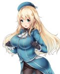  1girl atago_(kantai_collection) beret black_gloves black_legwear blonde_hair blue_eyes breasts gloves haregama_shiina hat highres kantai_collection large_breasts long_hair long_sleeves military military_uniform open_mouth pantyhose simple_background solo uniform white_background 