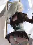  1girl ass brown_eyes curtains dark_skin guilty_gear guilty_gear_xrd highres looking_away maka_(morphine) miniskirt open_window panties pantyshot ramlethal_valentine ribbon skirt sky solo thigh_strap underwear white_hair 