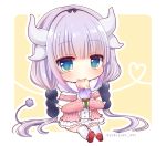  1girl blue_eyes chibi commentary_request dragon_girl dragon_horns dragon_tail eating food hair_bobbles hair_ornament hairband holding horns ice_cream ice_cream_cone kanna_kamui kobayashi-san_chi_no_maidragon let looking_at_viewer low_twintails mary_janes purple_hair shoes short_hair solo tail thigh-highs twintails twitter_username yukiyuki_441 zettai_ryouiki 