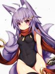  1girl animal_ears bangs black_legwear black_leotard blush breasts brown_scarf covered_navel cowboy_shot eyebrows_visible_through_hair fox_ears fox_tail highres kunai leotard long_hair looking_at_viewer medium_breasts mofuaki original parted_lips purple_hair simple_background solo tail thick_eyebrows thigh-highs violet_eyes weapon white_background 
