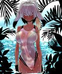  1girl bakuya black_gloves black_hair competition_swimsuit covered_navel cowboy_shot gloves grey_hair highres jaguar_(kemono_friends) kemono_friends long_hair looking_at_viewer low_ponytail multicolored_hair one-piece_swimsuit orange_hair see-through shoebill_(kemono_friends) side_ponytail silver_hair solo standing staring swimsuit tsurime 