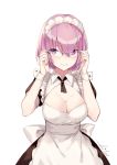  1girl adjusting_eyewear aiko_(kanl) apron artist_signature bangs black_ribbon blunt_bangs breasts cleavage cleavage_cutout collar commentary eyebrows_visible_through_hair fate/grand_order fate_(series) glasses hair_between_eyes hair_over_one_eye hand_on_eyewear hands_up highres large_breasts lavender_hair maid maid_apron maid_headdress neck_ribbon ribbon shielder_(fate/grand_order) short_hair simple_background smile solo violet_eyes waist_apron white_background wing_collar wrist_cuffs 