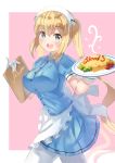  1girl :d absurdres apron blend_s blonde_hair blue_dress blue_eyes blush breasts cherry_tomato collared_dress commentary_request copyright_name dress english eyebrows_visible_through_hair food frilled_apron frills from_side gloves hair_between_eyes highres hinata_kaho holding holmemee ketchup large_breasts long_hair looking_at_viewer menu omurice open_mouth pantyhose pink_background pinky_out plate puffy_short_sleeves puffy_sleeves short_sleeves smile solo twintails very_long_hair waist_apron waitress white_apron white_gloves white_legwear 