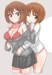  2girls aster90 bare_shoulders blush bottomless bra breasts brown_eyes brown_hair cleavage cropped_legs eyebrows_visible_through_hair girls_und_panzer grey_background grey_skirt hand_on_another&#039;s_shoulder highres medium_breasts multiple_girls nishizumi_maho nishizumi_miho one_eye_closed partially_undressed red_bra short_hair siblings sisters sketch skirt underwear 
