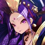  1girl :p breasts choker cleavage close-up closed_mouth earrings face facial_mark fate/grand_order fate_(series) forehead_mark from_side hair_ornament headdress highres jewelry long_hair looking_at_viewer necklace purple_hair smile solo soya_(torga) tongue tongue_out violet_eyes wu_zetian_(fate/grand_order) 