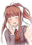  1girl :d ^_^ ^o^ ahoge bangs blazer blunt_bangs blush bow breasts brown_hair closed_eyes collateral_damage_studios commentary doki_doki_literature_club eyebrows_visible_through_hair facing_viewer foreshortening hair_bow hand_on_own_cheek high_ponytail jacket long_sleeves monika_(doki_doki_literature_club) neck_ribbon open_mouth outstretched_arm ribbon school_uniform shirt smile solo teeth upper_body white_bow white_shirt wing_collar 