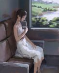  1girl bare_arms bare_shoulders black_hair book brown_eyes dress from_side highres holding holding_book long_hair looking_at_viewer looking_to_the_side open_book original sash seat sitting solo sundress train_interior tree treeware white_dress window 