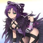  1girl ahoge bent_over breasts character_request cleavage commentary_request gauntlets green_eyes hairband highres lolita_hairband long_hair looking_at_viewer phantasy_star phantasy_star_online_2 purple_hair solo yuki7128 