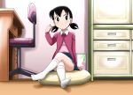  1girl black_hair doraemon feet full_body highres kakkii minamoto_shizuka no_shoes short_hair socks solo twintails 