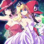  1boy 2girls bare_shoulders blonde_hair blue_eyes blush bow breasts bridal_veil brown_hair cappy_(mario) choker cleavage dress elbow_gloves facial_hair gloves hand_on_headwear hat lipstick long_hair makeup mario super_mario_bros. multiple_girls mustache nose nyaa_(nnekoron) parted_lips pauline pink_bow princess_peach purple_hair red_dress red_eyes strapless strapless_dress super_mario_bros. super_mario_odyssey veil very_long_hair wedding_dress white_dress 