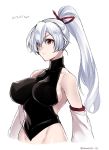  1girl backless bare_shoulders breasts closed_mouth detached_sleeves eyebrows eyebrows_visible_through_hair face fate/grand_order fate_(series) frown groin hair_ornament large_breasts open_eyes ponytail red_eyes sideboob silver_hair solo takatsuki_ichi tomoe_gozen_(fate/grand_order) white_background 