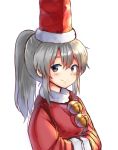  1girl alternate_color bell christmas commentary_request grey_eyes grey_hair hat highres kushidama_minaka long_sleeves looking_at_viewer mononobe_no_futo ponytail santa_costume simple_background smile solo tate_eboshi touhou upper_body white_background wide_sleeves 