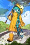  1girl :3 ahoge aqua_hair blue_eyes blue_sky blush chac_(devil_maker) chains cliff closed_mouth clouds commentary devil_maker flower gem grass hair_between_eyes highres holding holding_weapon hood hood_up long_hair looking_at_viewer official_art path pavement rain raincoat rheez road sky solo trench_coat very_long_hair walking weapon 