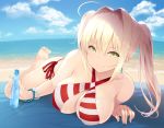  1girl ahoge barefoot beach bikini blonde_hair blue_sky bracelet breasts cait cleavage closed_mouth criss-cross_halter day earrings eyebrows_visible_through_hair fate/grand_order fate_(series) fisheye green_eyes hair_intakes halterneck jewelry large_breasts long_hair looking_at_viewer lying nero_claudius_(swimsuit_caster)_(fate) on_stomach outdoors saber_extra side-tie_bikini sky smile solo striped striped_bikini swimsuit twintails 