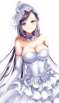  1girl alternate_costume bare_shoulders breasts bridal_veil bride cleavage commentary_request dragon_quest dragon_quest_xi dress elbow_gloves flower gloves gorua_(youce01) jewelry large_breasts long_hair looking_at_viewer martina_(dq11) necklace ponytail purple_hair simple_background solo veil violet_eyes wedding wedding_dress white_background white_dress white_gloves 