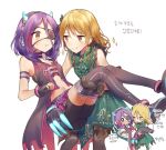  2girls :&gt; :d blonde_hair blush boots brown_eyes carrying commentary_request demon_horns dress earrings eyepatch fingerless_gloves gloves green_dress hair_ornament hayasaka_mirei headphones horns idolmaster idolmaster_cinderella_girls idolmaster_cinderella_girls_starlight_stage jewelry korean long_hair midriff misha_(hoongju) morikubo_nono multicolored_hair multiple_girls navel necklace open_mouth pantyhose princess_carry purple_hair short_hair sleeveless sleeveless_dress smile sweatdrop thigh-highs thigh_boots translation_request wavy_mouth yuri 