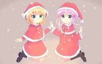  2girls :o bangs black_footwear blonde_hair blue_eyes blunt_bangs blush boots brown_background capelet christmas closed_mouth commentary_request crossover dress eyebrows_visible_through_hair fur-trimmed_boots fur-trimmed_capelet fur-trimmed_dress fur-trimmed_hat fur_trim gochuumon_wa_usagi_desu_ka? hair_rings hand_holding hat highres interlocked_fingers kirima_sharo long_hair long_sleeves looking_at_viewer multiple_girls parted_lips pink_hair red_capelet red_dress red_hat santa_costume santa_hat sherlock_shellingford short_hair simple_background smile snow tantei_opera_milky_holmes y_mazun 