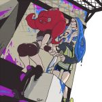  2girls ass back bike_shorts blue_hair blue_tongue boots breastplate crop_top domino_mask fangs from_behind full_body hand_in_hair jacket long_sleeves mask multiple_girls octarian one_eye_closed open_mouth paint paint_splatter pani_spla pointy_ears redhead short_sleeves splatoon splatoon_2 sweatdrop takozonesu teeth tentacle_hair tongue tongue_out wrist_grab yellow_eyes 