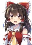  1girl :d ascot bare_shoulders blush bow brown_eyes brown_hair commentary_request detached_sleeves e.o. eyebrows_visible_through_hair frilled_bow frilled_shirt_collar frills hair_bow hair_tubes hakurei_reimu highres long_hair looking_at_viewer open_mouth red_bow red_vest ribbon-trimmed_collar ribbon-trimmed_sleeves ribbon_trim sidelocks simple_background smile solo tareme touhou upper_body vest white_background yellow_neckwear 