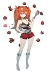  1girl ask_(dreaming_cat) breasts chocolate cleavage closed_mouth cooking full_body long_hair looking_at_viewer midriff_peek neon_genesis_evangelion shorts simple_background socks solo souryuu_asuka_langley tank_top 