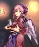  1girl bird_wings choko_(cup) cup from_side hair_between_eyes head_scarf highres japanese_clothes looking_at_viewer mystia_lorelei obi okamisty open_mouth ototobe pink_eyes pink_hair sash sleeves_rolled_up solo tareme tokkuri touhou tray wings 