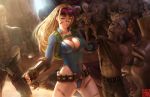  alternate_costume blonde_hair breasts cammy_white cleavage crowd goggles goggles_on_head leotard limgae looking_at_viewer mohawk solo_focus street_fighter street_fighter_v tattoo unzipped 