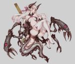  1girl ass bangs black_bra black_panties boots bra breasts breasts_apart claws closed_mouth commentary demon_girl demon_horns demon_tail detached_sleeves extra_eyes grey_background hair_ribbon high_heel_boots high_heels horns large_breasts long_hair looking_at_viewer neck_ribbon original panties pink_ribbon ribbon saimon_ma simple_background solo tail thigh-highs thigh_boots underwear white_footwear white_hair white_legwear yellow_eyes 