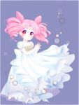  1girl anpu_(amppwt) bishoujo_senshi_sailor_moon chibi_usa closed_mouth crescent crescent_earrings double_bun dress drill_hair earrings facial_mark forehead_mark full_body gown hair_ornament hands_together highres interlocked_fingers jewelry looking_to_the_side pink_hair purple_background red_eyes simple_background small_lady_serenity smile solo twin_drills twintails white_dress 
