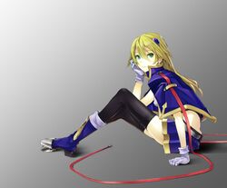  1girl blazblue blazblue:_central_fiction blazblue:_chronophantasma blazblue:_continuum_shift blazblue_phase_0 blazblue_remix_heart blonde_hair boots full_body gloves green_eyes grey_background jacket long_hair looking_at_viewer necktie noel_vermillion simple_background sitting solo thigh-highs 