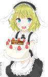  1girl :d absurdres animal_ears apron bangs black_neckwear black_skirt blonde_hair blue_eyes blunt_bangs blush bolo_tie cake center_frills chocolate collared_shirt commentary_request cowboy_shot english eyebrows_visible_through_hair fake_animal_ears flat_chest fleur_de_lapin_uniform floppy_ears food frilled_apron frilled_cuffs frilled_shirt frilled_skirt frills fruit gochuumon_wa_usagi_desu_ka? happy_birthday hashiko_no_woto highres holding holding_plate kirima_sharo looking_at_viewer maid_headdress open_mouth plate puffy_short_sleeves puffy_sleeves rabbit_ears shirt short_hair short_sleeves simple_background skirt smile solo standing strawberry twitter_username underbust waist_apron wavy_hair white_apron white_background white_shirt wing_collar wrist_cuffs 