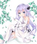  1girl azur_lane bangs bare_shoulders blue_eyes blunt_bangs collarbone commentary_request covering_mouth detached_sleeves doll_hug dress falling_leaves hair_ribbon kurun_(kurun777) leaf long_hair off-shoulder_dress off_shoulder one_leg_raised one_side_up purple_hair ribbon sitting solo stuffed_animal stuffed_toy thigh-highs unicorn unicorn_(azur_lane) white_background white_dress white_legwear 