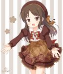  1girl :d bangs beret blush bow bowtie brown_bow brown_eyes brown_hair brown_hat brown_shirt brown_skirt collarbone collared_shirt commentary_request eyebrows_visible_through_hair frilled_shirt frills hat head_tilt idolmaster idolmaster_cinderella_girls idolmaster_cinderella_girls_starlight_stage juliet_sleeves kaiware-san long_sleeves looking_at_viewer open_mouth outstretched_arms parted_bangs plaid plaid_bow plaid_skirt print_skirt puffy_sleeves red_neckwear shirt skirt sleeves_past_wrists smile solo standing standing_on_one_leg striped tachibana_arisu vertical-striped_background vertical_stripes white_shirt 