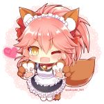  &gt;;d 1girl ;d animal_ears apron bell bell_collar cat_paws collar commentary_request fangs fate/grand_order fate_(series) fox_ears fox_tail heart long_hair looking_at_viewer maid maid_apron maid_headdress one_eye_closed open_mouth paws pink_hair ponytail smile solo tail tamamo_(fate)_(all) tamamo_cat_(fate) thigh-highs twitter_username white_legwear yellow_eyes yukiyuki_441 zettai_ryouiki 