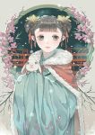  1girl animal bajiang black_eyes brown_hair cape dated double_bun fur_trim highres holding holding_animal open_mouth original rabbit snow solo wide_sleeves 