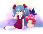  1girl arm_support bangs blue_hair blunt_bangs brown_eyes butterfly chibi collared_shirt commentary_request dress looking_away looking_to_the_side mushroom one_eye_closed ouhashi_(yumenosukima) parted_lips red_dress shirt shoes sitting socks solo twintails white_legwear wiping_face 