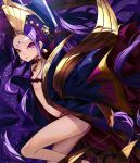  1girl :p anklet ass bare_legs bare_shoulders breasts choker cleavage closed_mouth earrings facial_mark fate/grand_order fate_(series) feet_out_of_frame forehead_mark from_side hair_ornament headdress japanese_clothes jewelry kimono long_hair looking_at_viewer navel necklace off_shoulder purple_hair sandals small_breasts smile solo soya_(torga) star starry_background tongue tongue_out very_long_hair violet_eyes wu_zetian_(fate/grand_order) 
