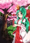  1girl blurry cherry_blossoms commentary_request depth_of_field green_eyes green_hair hair_between_eyes hair_ornament hair_ribbon hairclip highres japanese_clothes kantai_collection long_hair looking_at_viewer miko petals ribbon siroimo0828 solo tree yamakaze_(kantai_collection) 