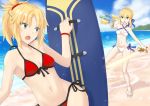  2girls ahoge aiming arm_up artoria_pendragon_(all) artoria_pendragon_(swimsuit_archer) bangs bare_arms bare_legs bare_shoulders beach bikini black_ribbon blonde_hair blue_eyes blue_ribbon blue_sky braid breasts breasts_apart cleavage clouds cloudy_sky collarbone criss-cross_halter day fate/grand_order fate_(series) french_braid front-tie_bikini front-tie_top glowing glowing_sword glowing_weapon gluteal_fold hair_ribbon halterneck highres holding holding_sword holding_weapon legs_apart long_hair mordred_(swimsuit_rider)_(fate) multiple_girls navel ocean outdoors parted_bangs ponytail red_bikini ribbon saber saber_of_red sandals shiny shiny_hair short_hair side-tie_bikini sidelocks sky small_breasts stomach surfboard sweat swimsuit sword tsurime upper_body water_gun weapon white_bikini wristband zilaishui 