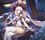  1girl absurdres bare_shoulders breasts covered_navel cup fate/grand_order fate_(series) gloves grey_eyes hat highres legs_crossed long_hair looking_at_viewer marie_antoinette_(fate/grand_order) medium_breasts moon night parted_lips silver_hair smile solo sunshine_(1638509769) teacup thighs twintails very_long_hair white_gloves white_legwear 