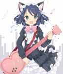  1girl :3 :d animal_ears bangs beamed_quavers beamed_semiquavers bell black_dress black_hair blush bow bowtie cat_ears cat_girl cat_tail commentary_request crotchet curly_hair cyan_(show_by_rock!!) dress eyebrows_visible_through_hair fang frilled_dress frills green_eyes guitar heart_guitar holding instrument jingle_bell juliet_sleeves long_sleeves looking_at_viewer maccha musical_note open_mouth pink_neckwear puffy_sleeves quaver ribbon short_hair show_by_rock!! sleeves_past_wrists smile solo sparkling_eyes tail tareme treble_clef white_ribbon 