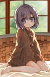  1girl bangs bare_legs barefoot blue_eyes blush brown_cloak closed_mouth commentary_request day eyebrows_visible_through_hair full_body hair_between_eyes indoors looking_at_viewer original purple_hair sitting smile solo tree wariza window yuuhagi_(amaretto-no-natsu) 