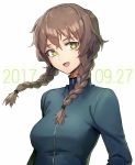  1girl 2017 :d amane_suzuha bangs blue_jacket braid breasts bright_pupils brown_hair green_eyes jacket large_breasts long_hair long_sleeves looking_at_viewer oopartz_yang open_mouth smile solo steins;gate twin_braids upper_body white_pupils 