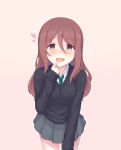  1girl :d black_sweater blush brown_eyes brown_hair finger_to_mouth green_neckwear grey_skirt heart hoshino_shizuryuu leaning_forward long_hair long_sleeves open_mouth pink_background princess_connect! school_uniform skirt smile solo standing sweater yyi 