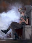  1girl absurdres armor bangs bare_arms black_footwear blue_eyes boots closed_mouth crown grey_background grey_hair grey_legwear highres horns legs_crossed medium_hair mini_crown original pantyhose sitting skull_necklace solo spaulders throne treeware 