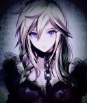  1girl blue_eyes chains close-up closed_mouth collar dress expressionless hair_between_eyes long_hair looking_at_viewer maruchi purple_dress solo white_hair 