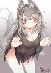  ! 1girl akasha_(syakoba) animal_ears borrowed_character bottomless claw_pose expressionless grey_hair highres kamioka_shun&#039;ya long_hair looking_at_viewer no_panties original red_eyes tail wolf_ears wolf_tail 