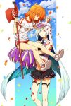  2girls ahoge bare_shoulders black_skirt blue_hair cheerleader closed_eyes clouds commentary_request confetti fate/grand_order fate_(series) flagpole fujimaru_ritsuka_(female) holding_flag lancer_(fate/prototype_fragments) long_hair midriff multicolored_hair multiple_girls oiun orange_hair petals pleated_skirt red_flag scrunchie shirt side_ponytail silver_hair sitting_on_arm skirt sky sleeveless sleeveless_shirt smile t-shirt very_long_hair 