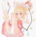  1girl arms_up ascot bangs blonde_hair blush bow brown_eyes eyebrows_visible_through_hair flandre_scarlet full_body hair_between_eyes hat hat_bow mob_cap no_shoes one_side_up panties puffy_short_sleeves puffy_sleeves red_bow red_skirt sakurea short_sleeves simple_background skirt skirt_set socks solo touhou underwear white_background white_hat white_legwear white_panties 