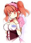  1girl :o asahina_mikuru bangs breasts cleavage corset dress eyebrows_visible_through_hair frilled_hairband hair_between_eyes hands_on_own_chest kurasuke large_breasts looking_at_viewer looking_to_the_side name_tag neck_ribbon orange_eyes orange_hair parted_lips pink_dress puffy_short_sleeves puffy_sleeves red_ribbon ribbon short_sleeves sidelocks simple_background sketch solo suzumiya_haruhi_no_yuuutsu twintails upper_body waitress white_background wrist_cuffs 